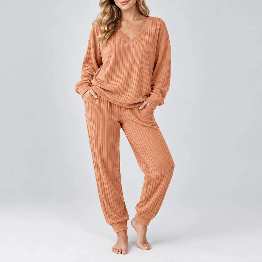 Women's V Neck Long Sleeve Ribbed Lounge Co Ord Set