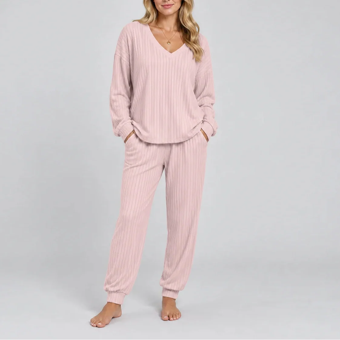 Women's V Neck Long Sleeve Ribbed Lounge Co Ord Set
