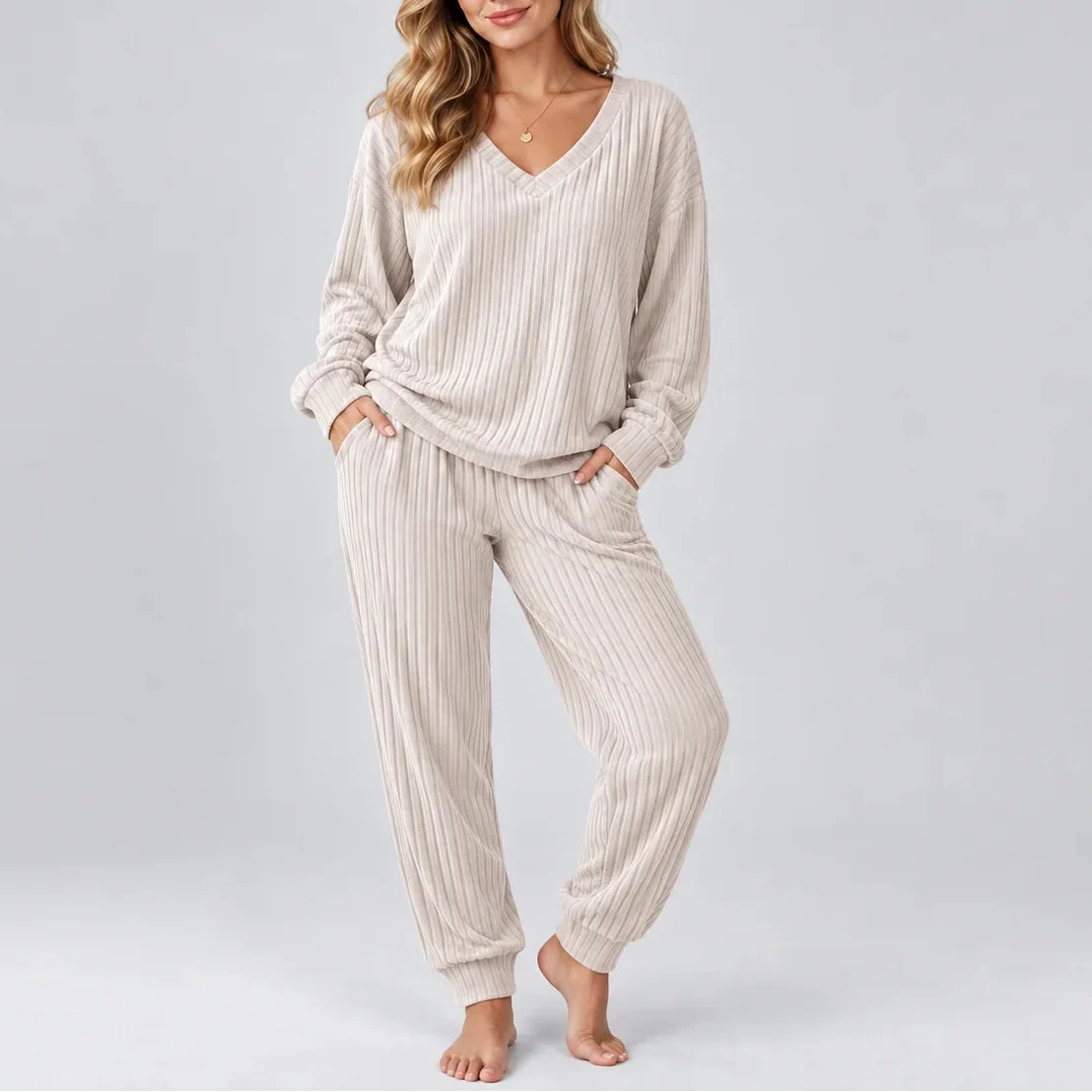 Women's V Neck Long Sleeve Ribbed Lounge Co Ord Set