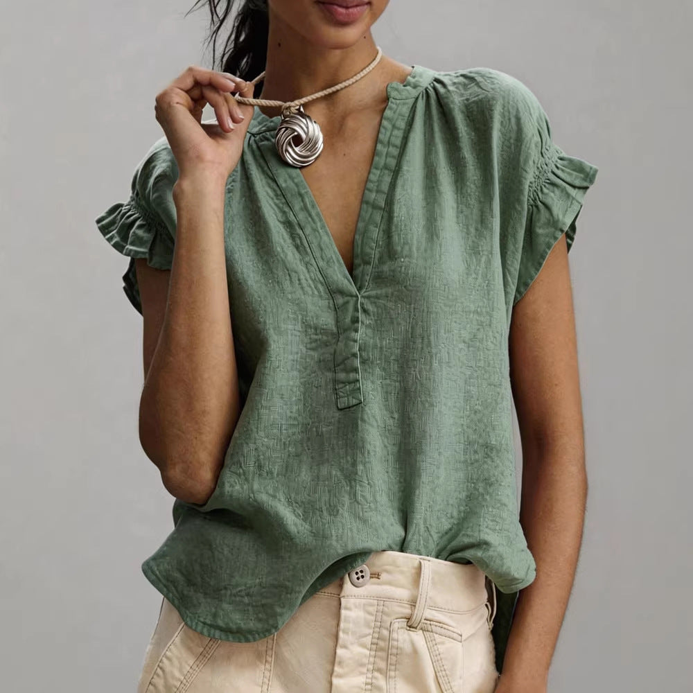 Women's V Neck Ruffle Sleeve Linen Blouse