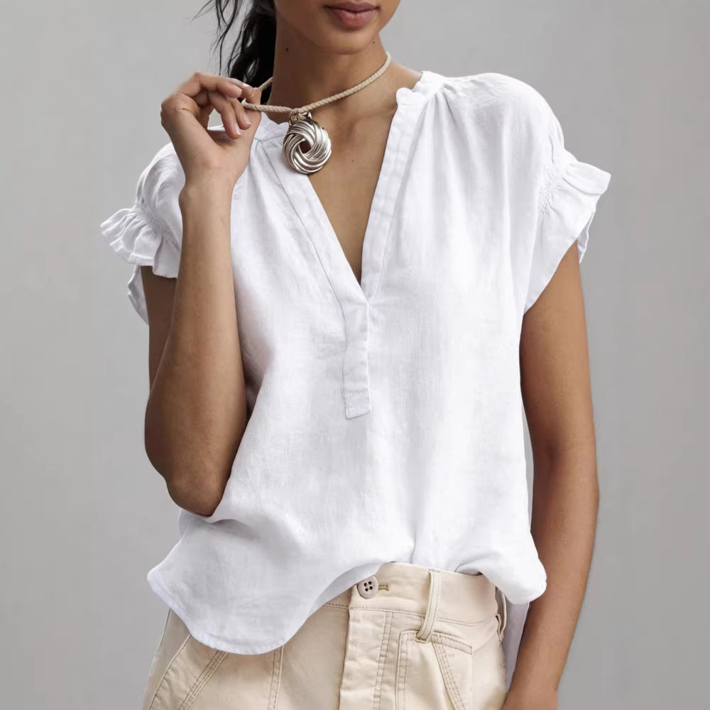 Women's V Neck Ruffle Sleeve Linen Blouse