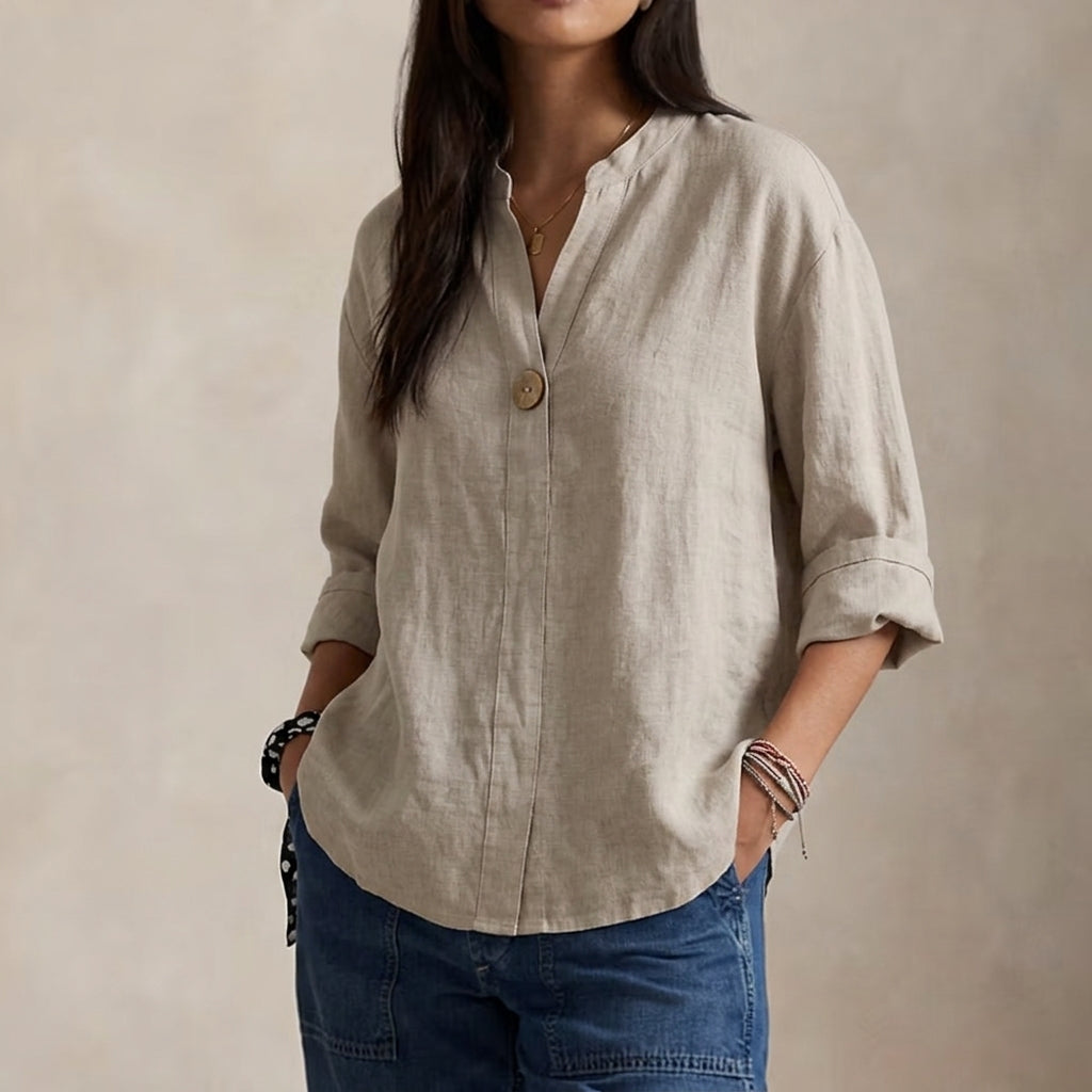 Women's V Neck Single Button Linen Blouse
