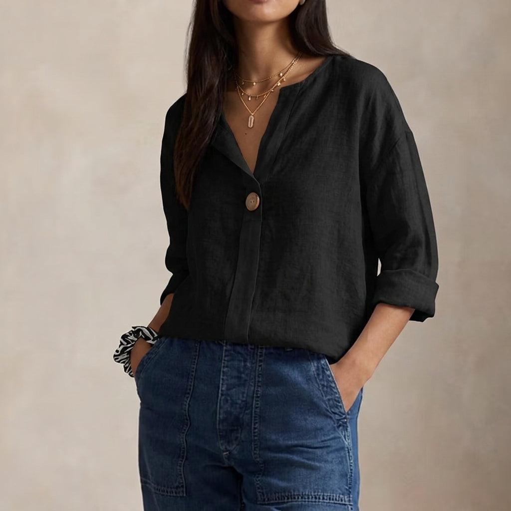 Women's V Neck Single Button Linen Blouse
