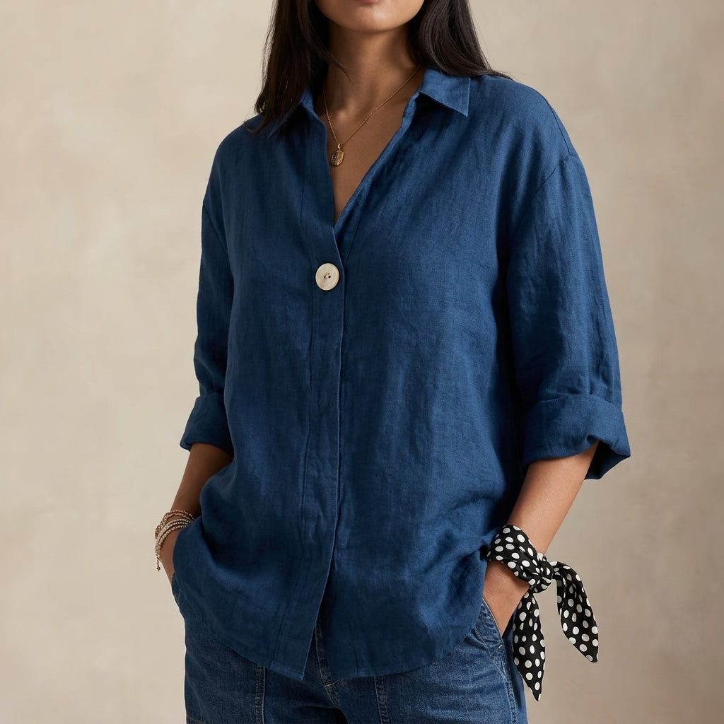 Women's V Neck Single Button Linen Blouse
