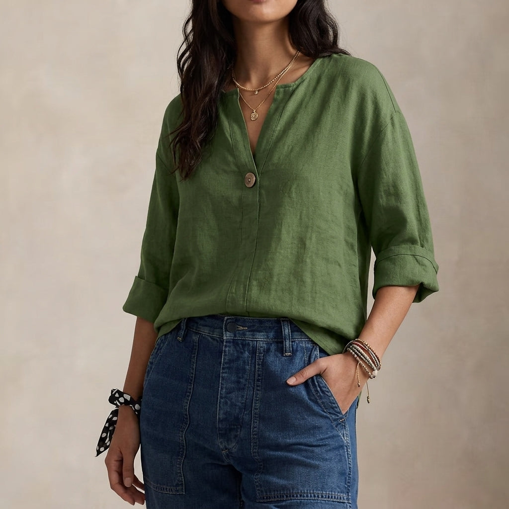 Women's V Neck Single Button Linen Blouse