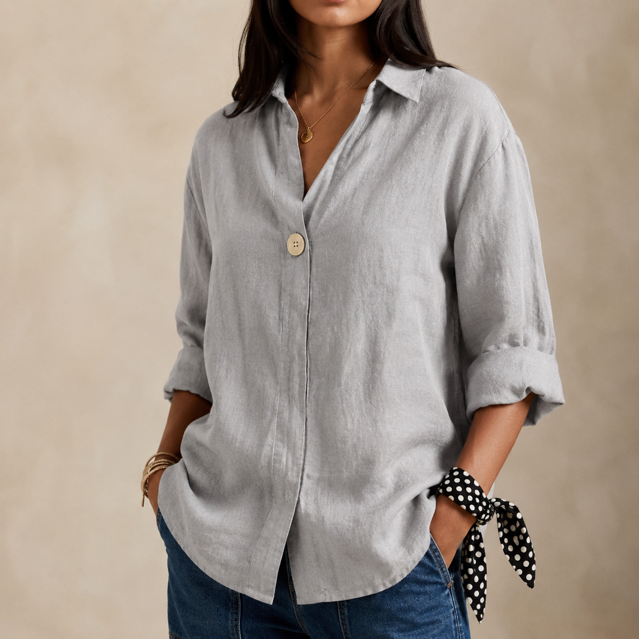 Women's V Neck Single Button Linen Blouse
