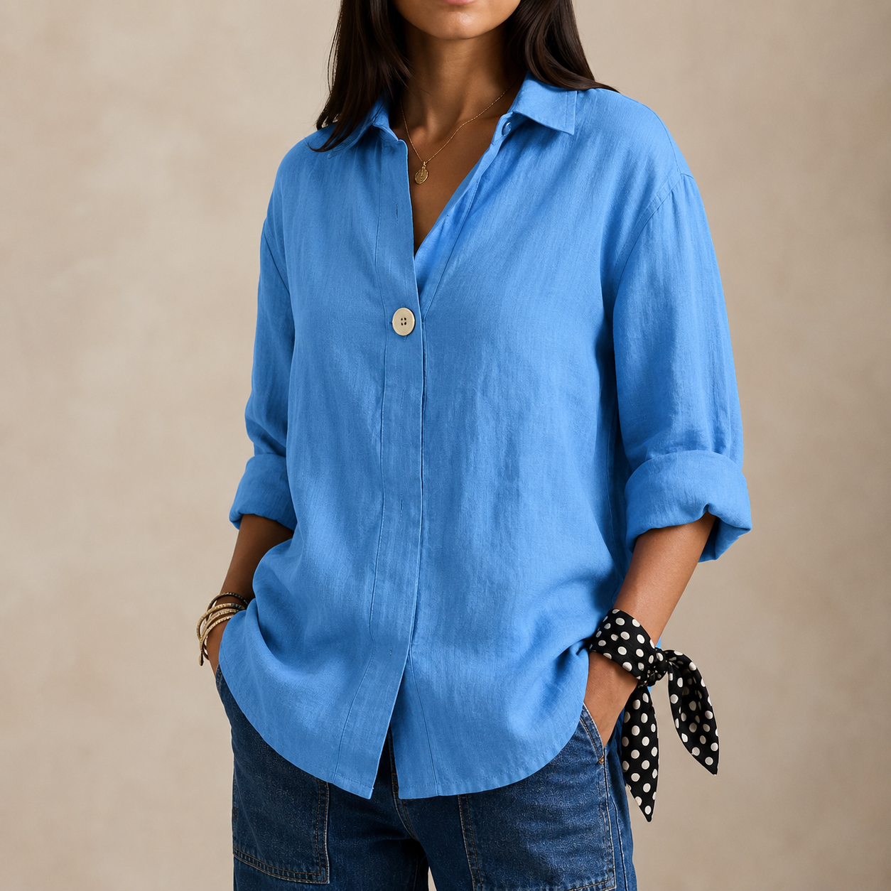 Women's V Neck Single Button Linen Blouse
