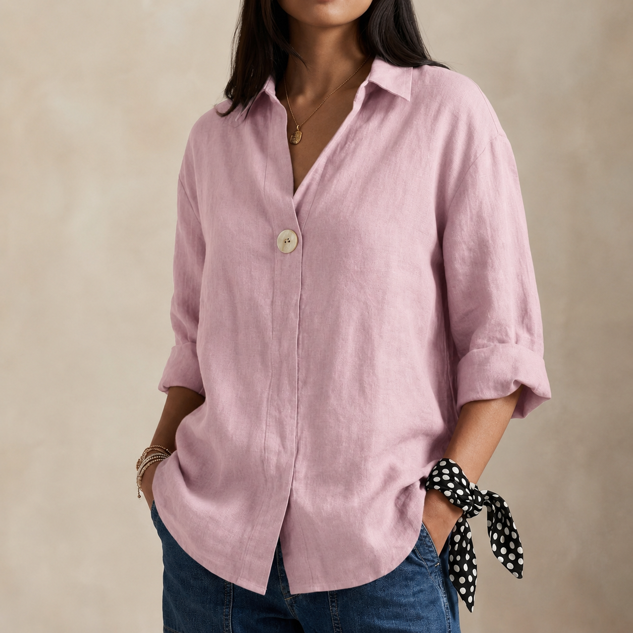 Women's V Neck Single Button Linen Blouse