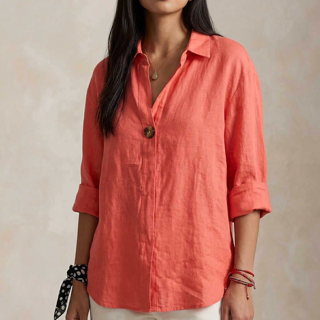 Women's V Neck Single Button Linen Blouse