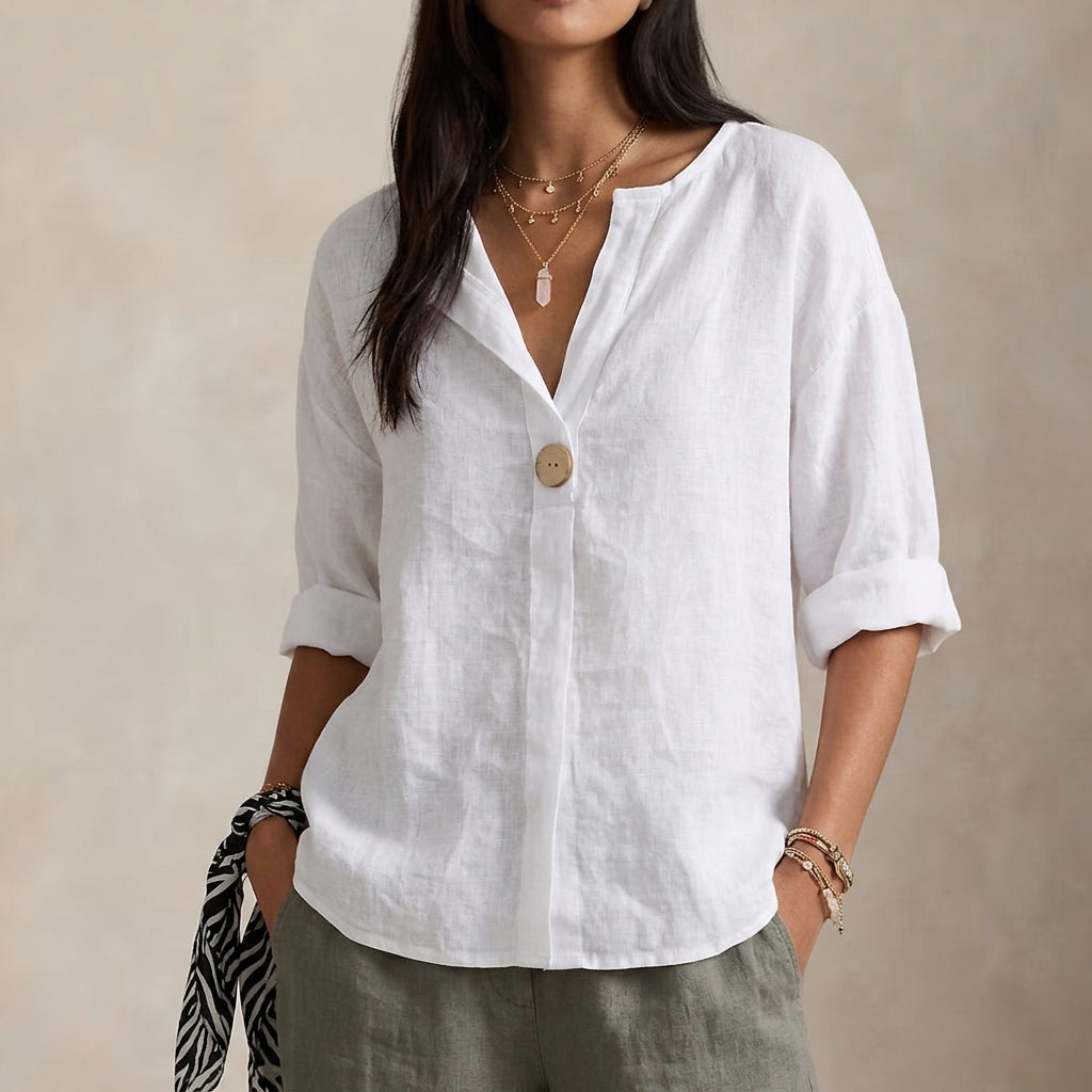 Women's V Neck Single Button Linen Blouse