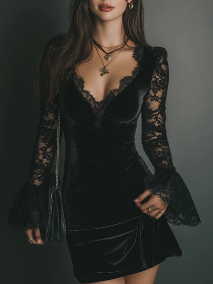 Women's Velvet Mini Dress with Lace Detail