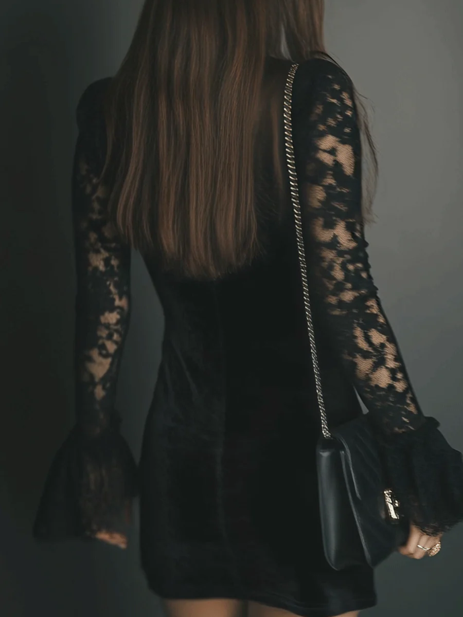 Women's Velvet Mini Dress with Lace Detail