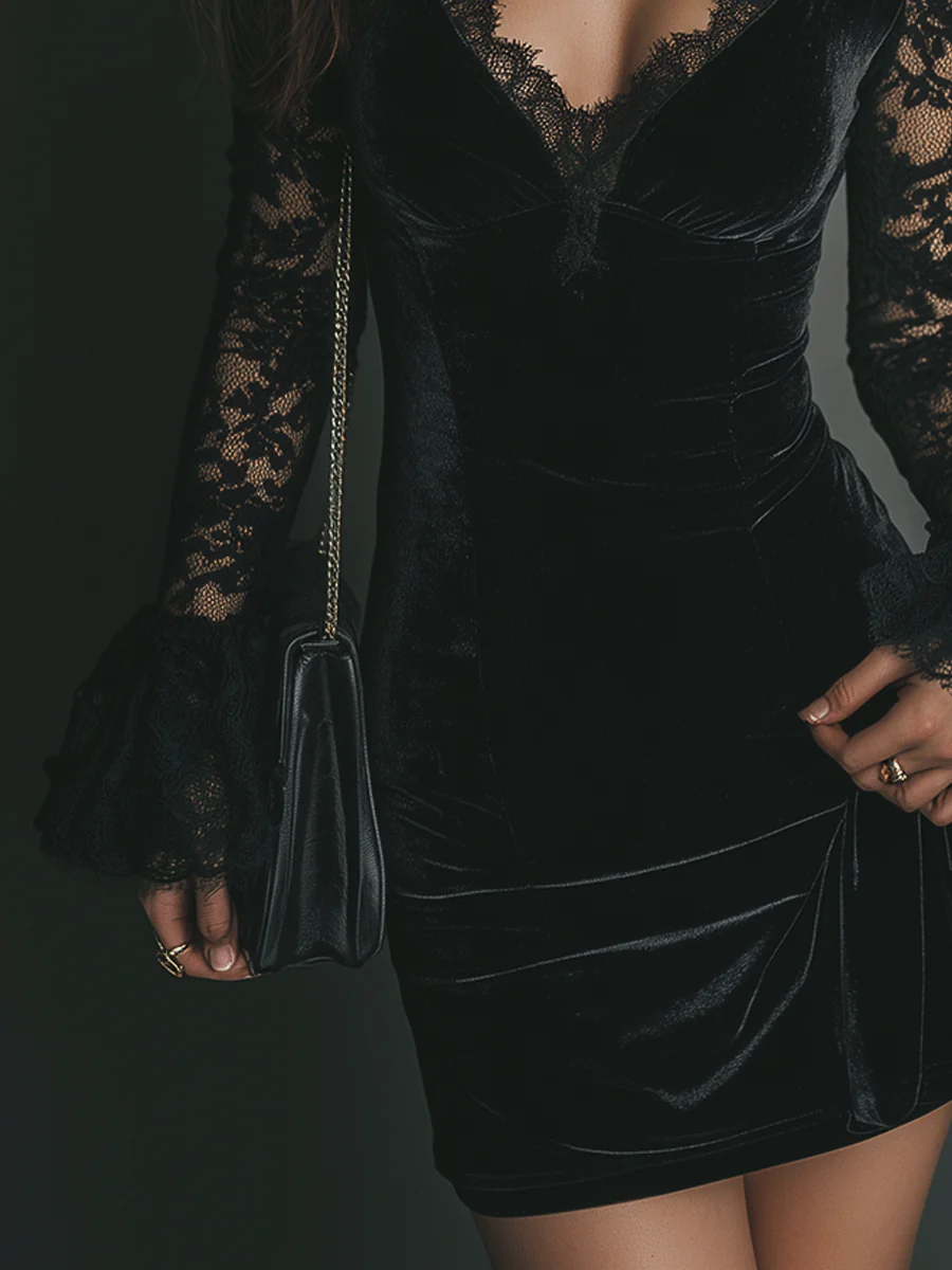 Women's Velvet Mini Dress with Lace Detail