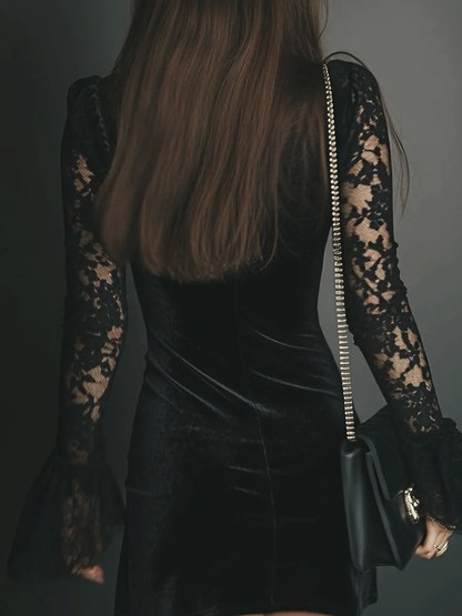 Women's Velvet Mini Dress with Lace Detail