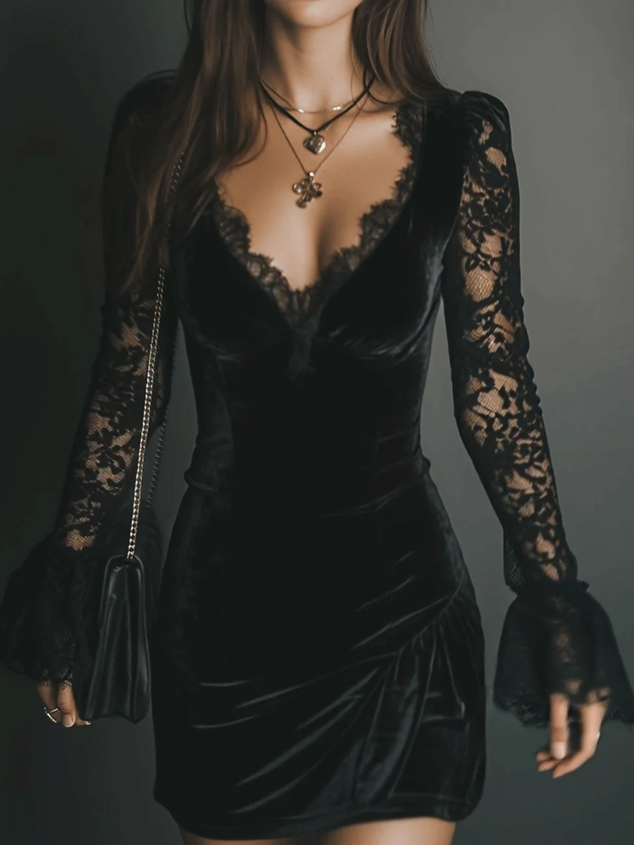 Women's Velvet Mini Dress with Lace Detail