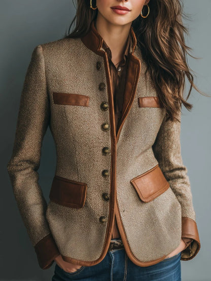 Women's Vintage Herringbone Tweed Jacket with Faux Leather Trim
