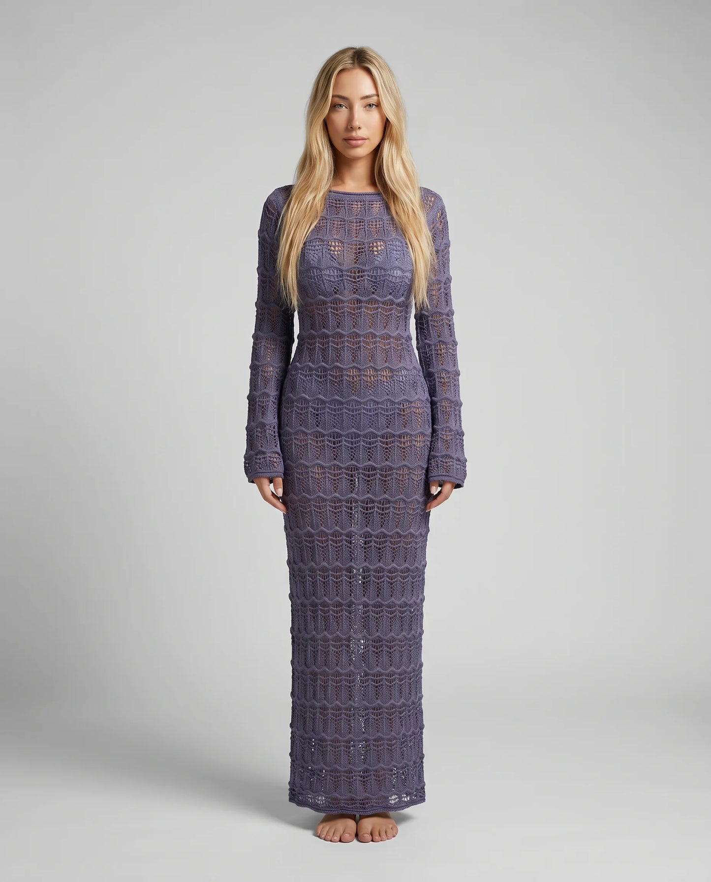 Women's violet purple crochet maxi cover up dress with long sleeves and semi sheer button front design by ILYNORA