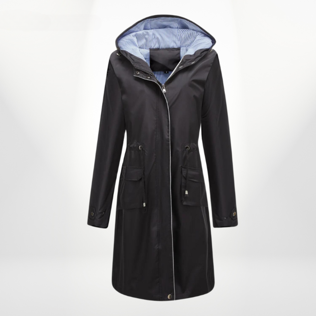 Women's Waterproof Longline Rain Jacket with Hood and Drawstring