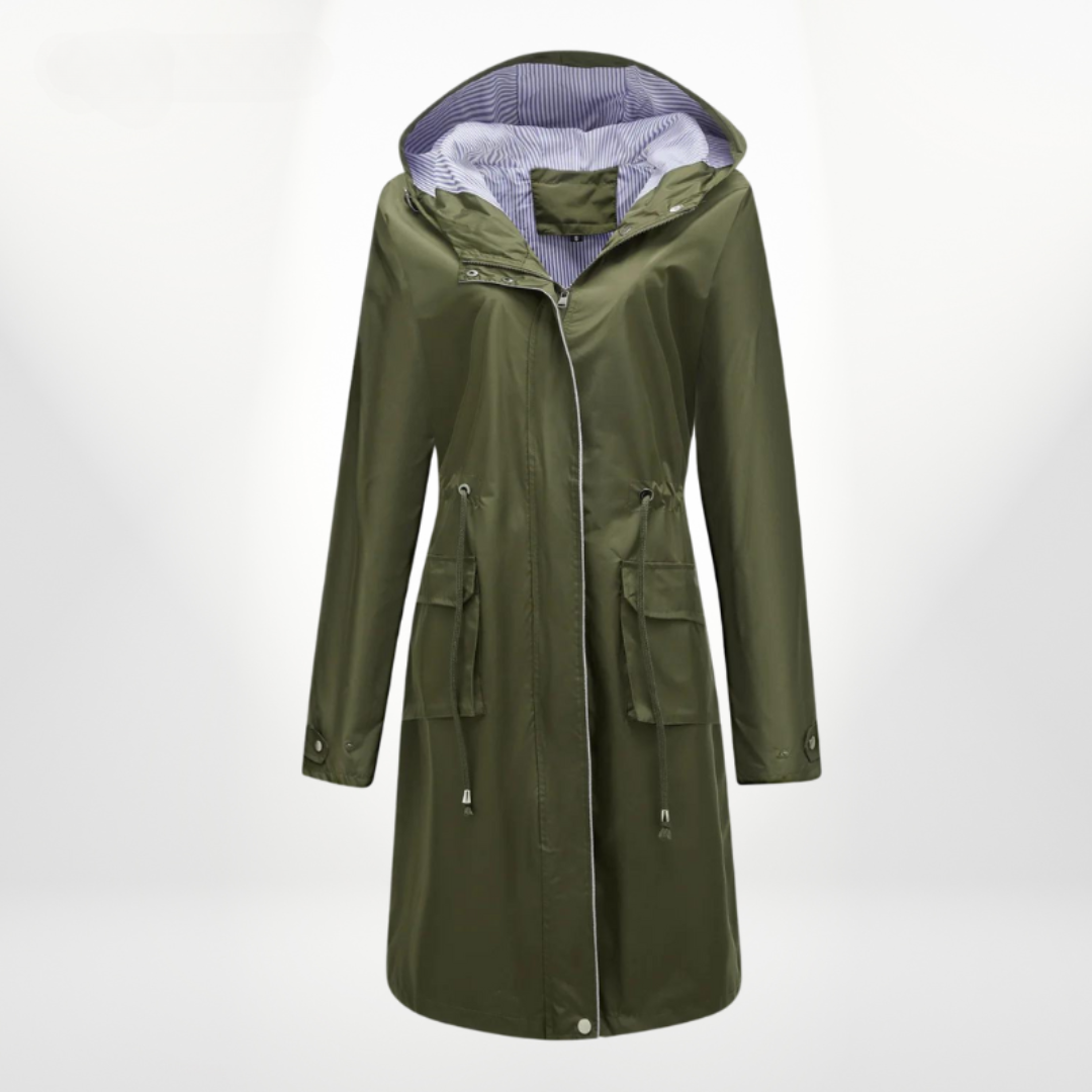 Women's Waterproof Longline Rain Jacket with Hood and Drawstring