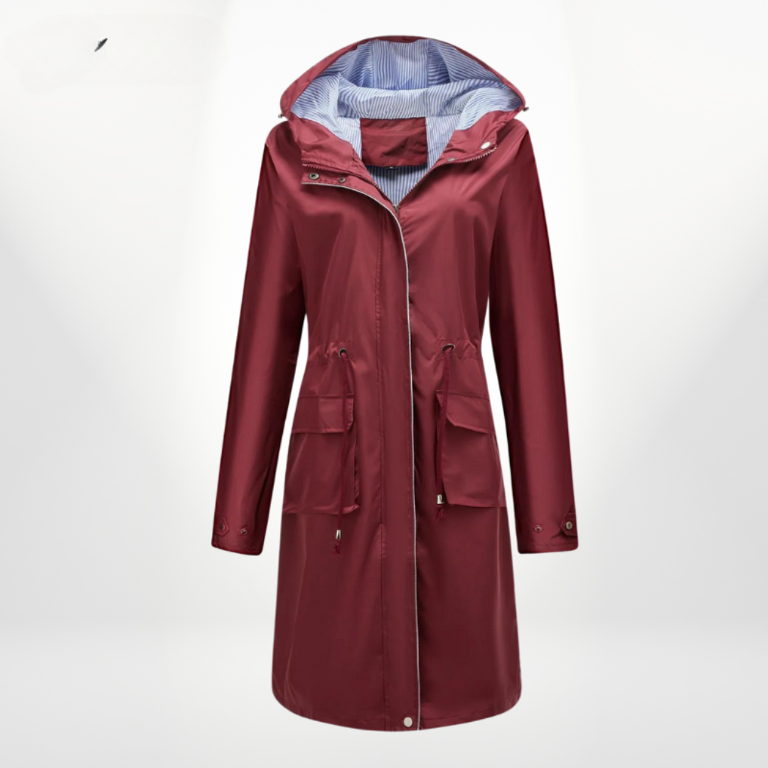 Women's Waterproof Longline Rain Jacket with Hood and Drawstring