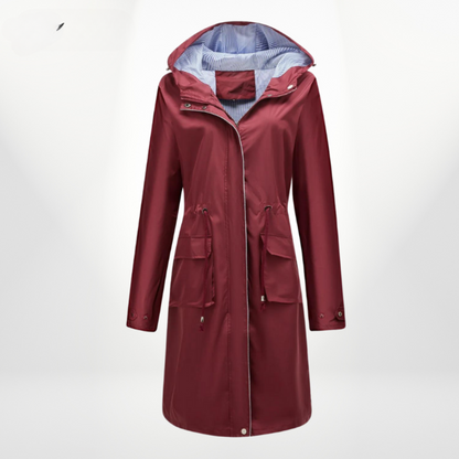Women's Waterproof Longline Rain Jacket with Hood and Drawstring