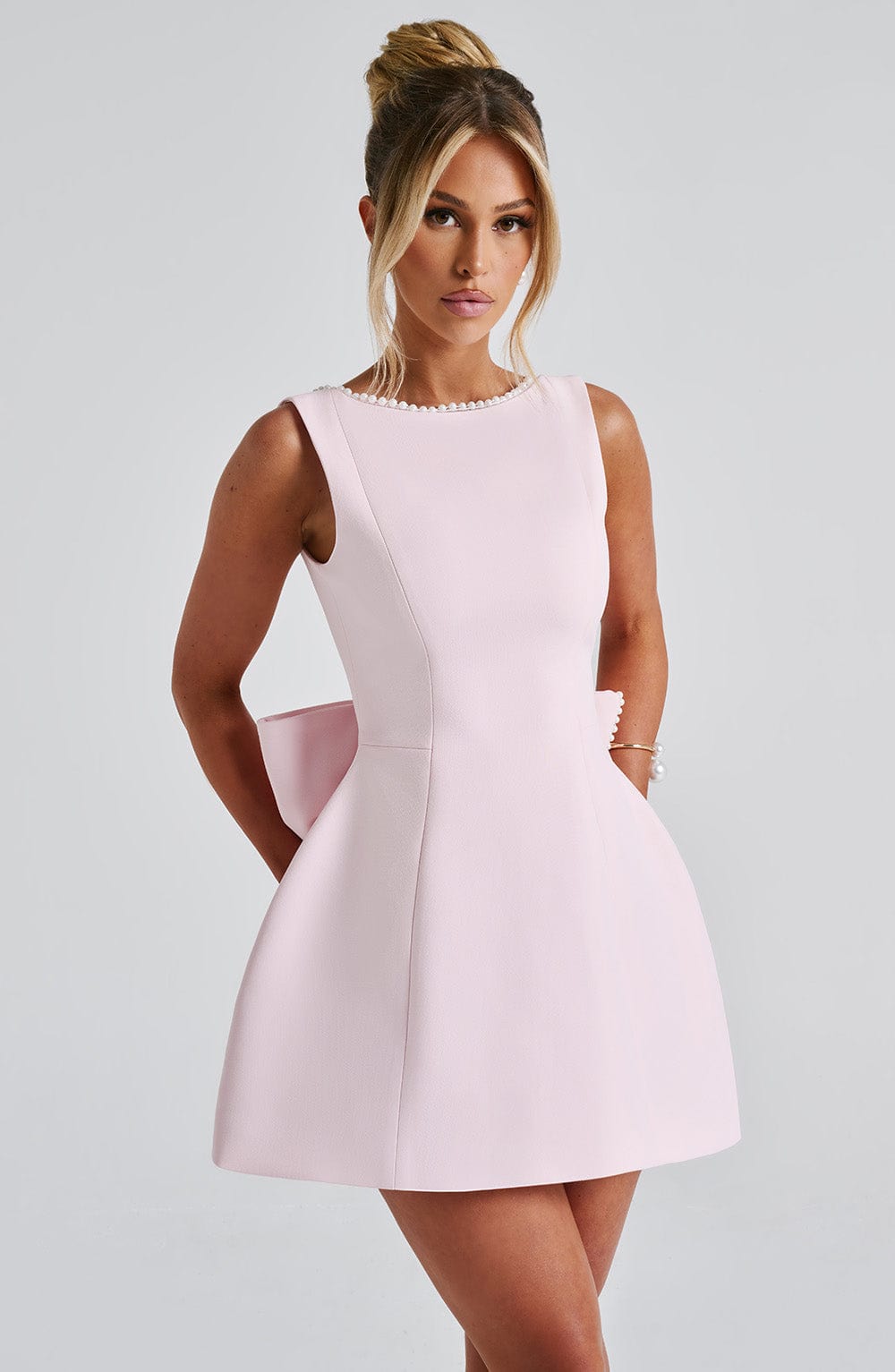 Women's Wedding Guest A-Line Mini Dress with Pearl Trim