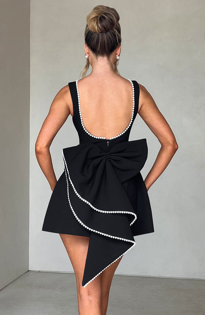Women's Wedding Guest A-Line Mini Dress with Pearl Trim