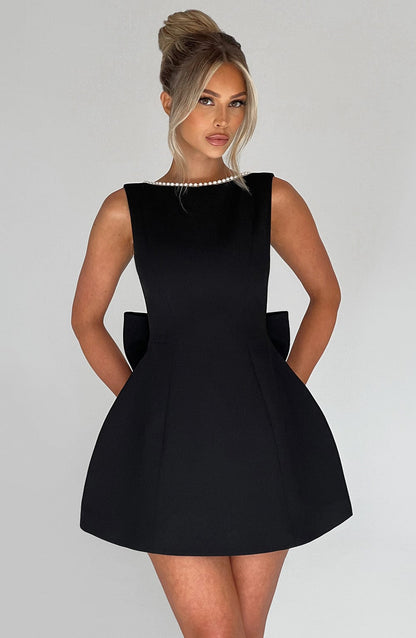 Women's Wedding Guest A-Line Mini Dress with Pearl Trim