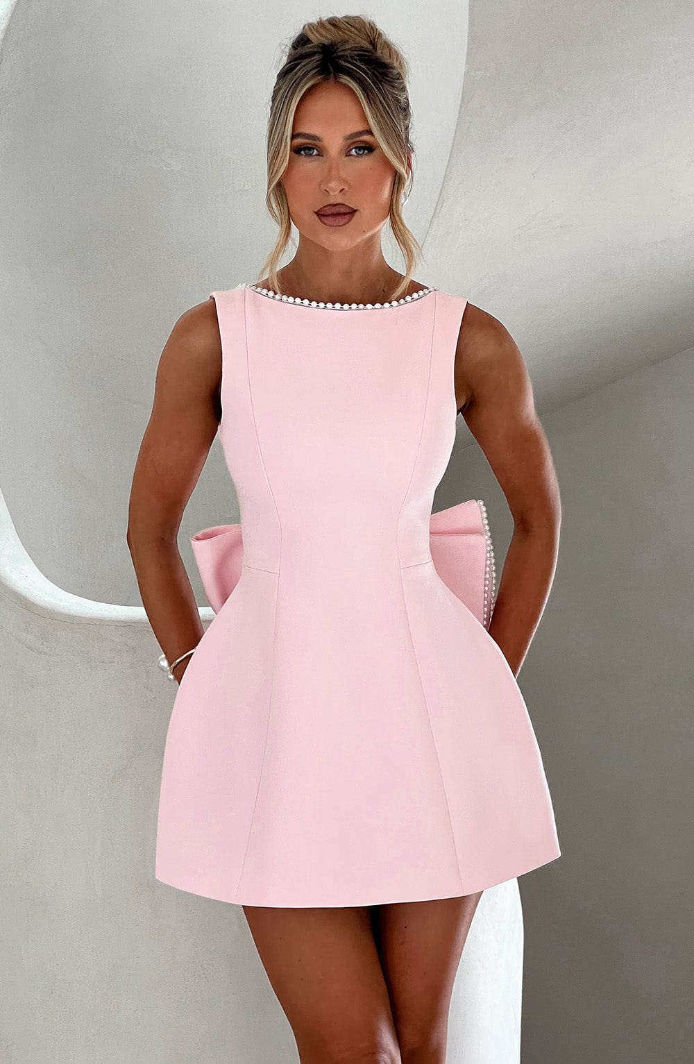 Women's Wedding Guest A-Line Mini Dress with Pearl Trim
