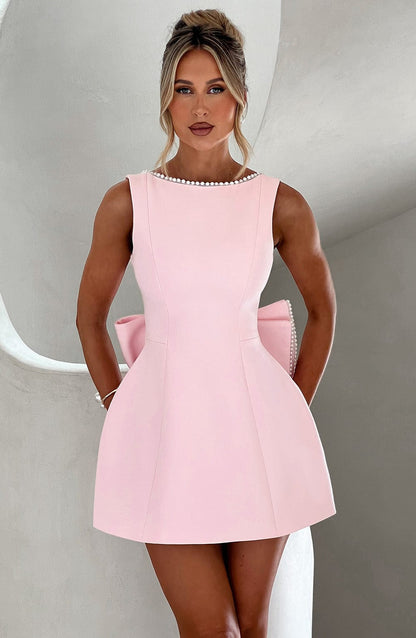 Women's Wedding Guest A-Line Mini Dress with Pearl Trim