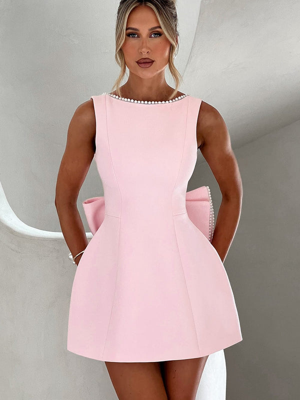 Women's Wedding Guest A-Line Mini Dress with Pearl Trim