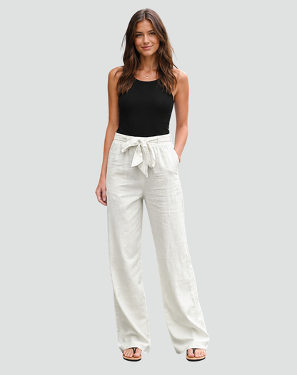 Women's Wide Leg Linen Trousers With Waist Tie