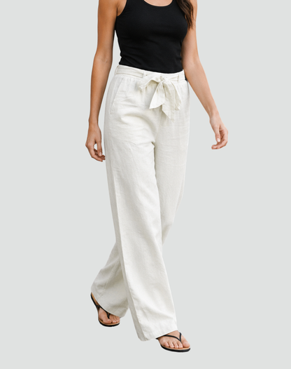 Women's Wide Leg Linen Trousers With Waist Tie