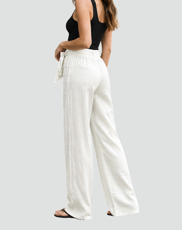 Women's Wide Leg Linen Trousers With Waist Tie