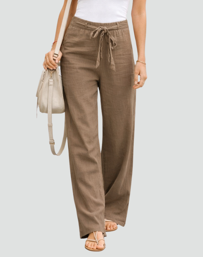 Women's Wide Leg Linen Trousers With Waist Tie