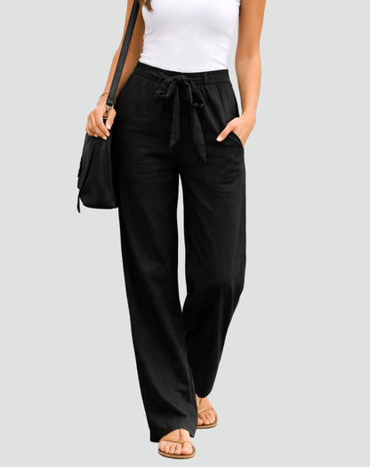 Women's Wide Leg Linen Trousers With Waist Tie