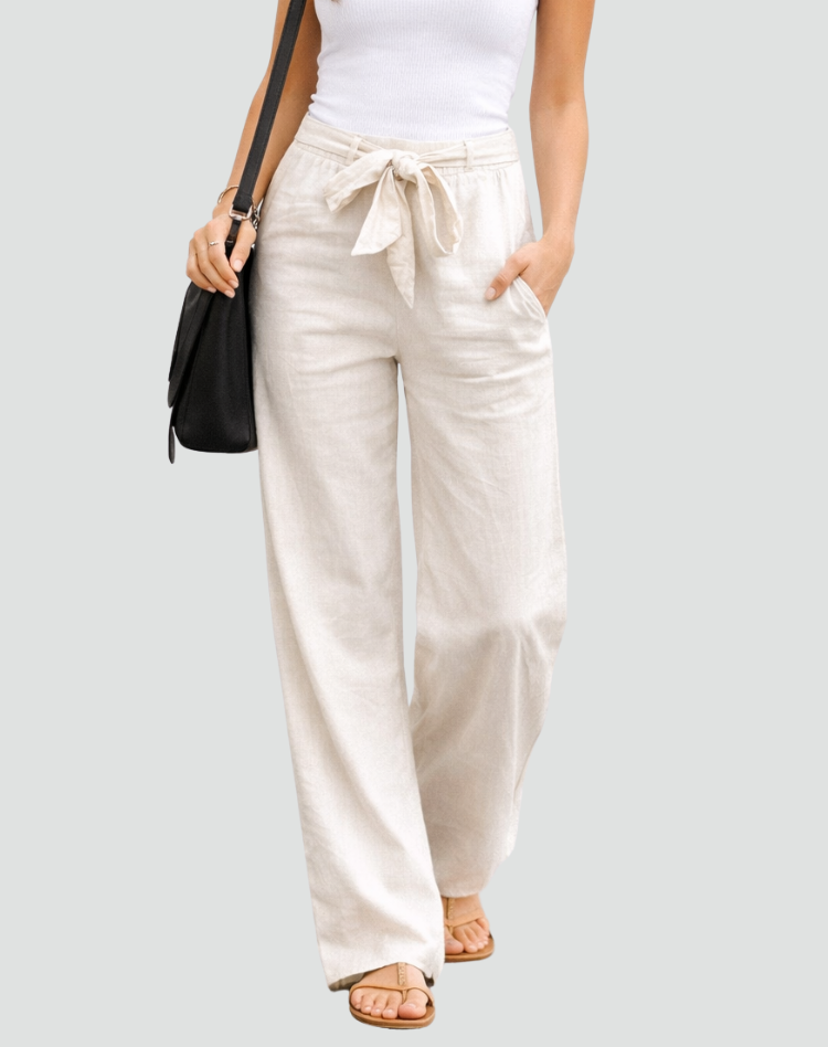 Women's Wide Leg Linen Trousers With Waist Tie