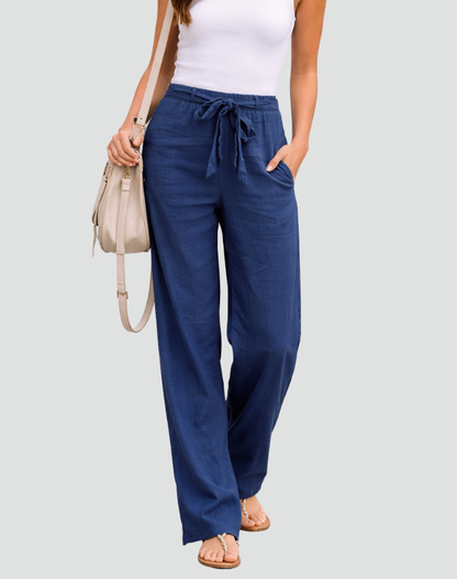 Women's Wide Leg Linen Trousers With Waist Tie