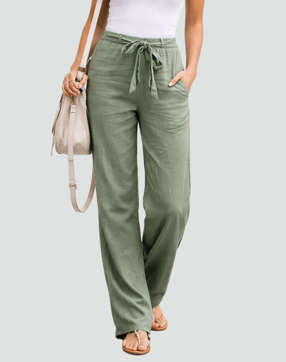 Women's Wide Leg Linen Trousers With Waist Tie