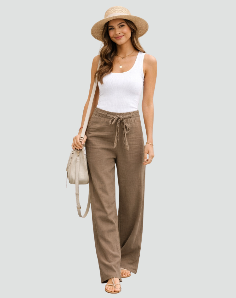 Women's Wide Leg Linen Trousers With Waist Tie