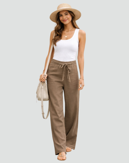 Women's Wide Leg Linen Trousers With Waist Tie