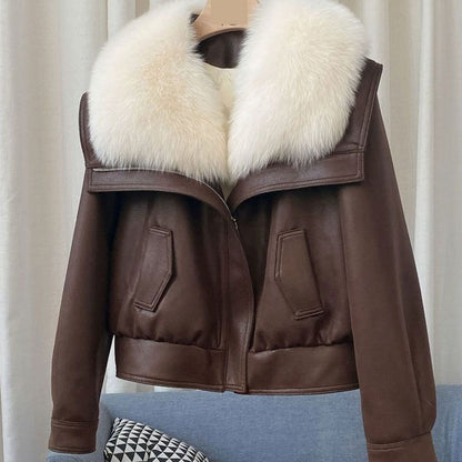 Women's Winter Coat Faux Leather Plush Fur Collar Cropped Jacket