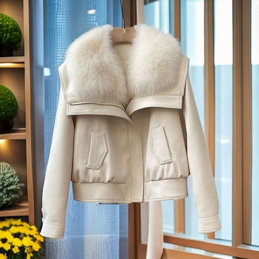 Women's Winter Coat Faux Leather Plush Fur Collar Cropped Jacket