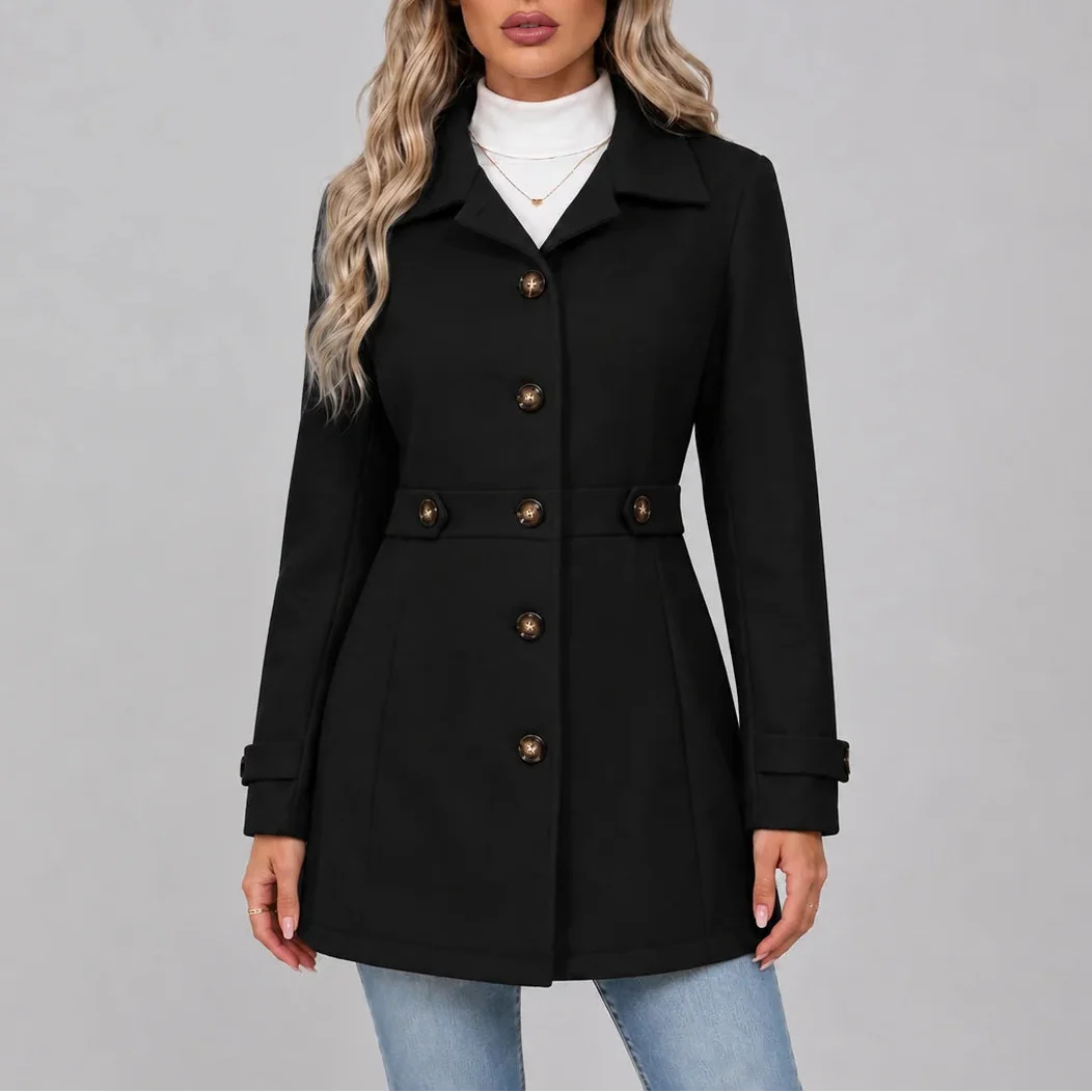 Women's Winter Overcoat with Button Front and Fitted Waist