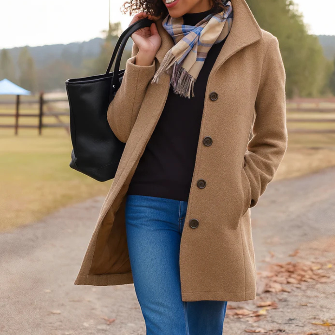 Women's Wool Blend Winter Coat with Button Placket and Notch Lapel