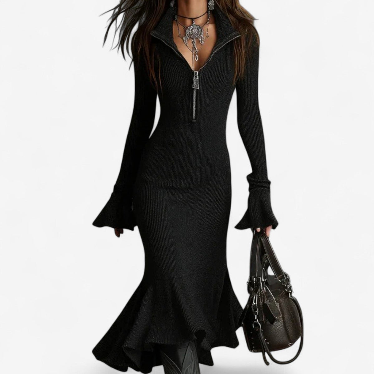 Women's Zip Collar Midi Jumper Dress with Fluted Skirt