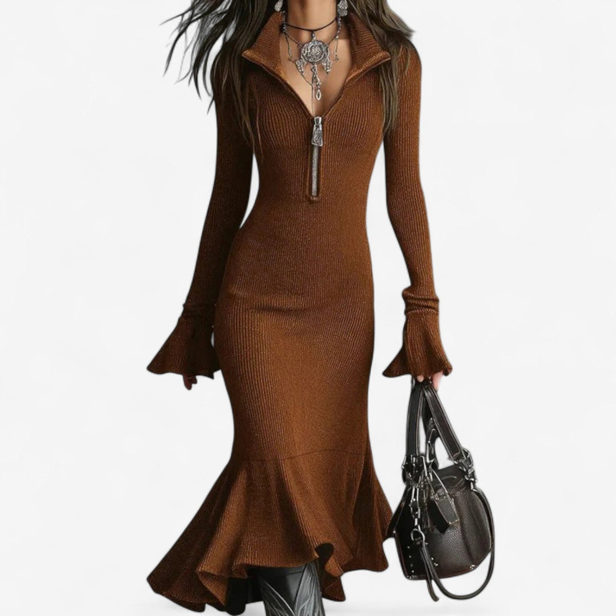 Women's Zip Collar Midi Jumper Dress with Fluted Skirt