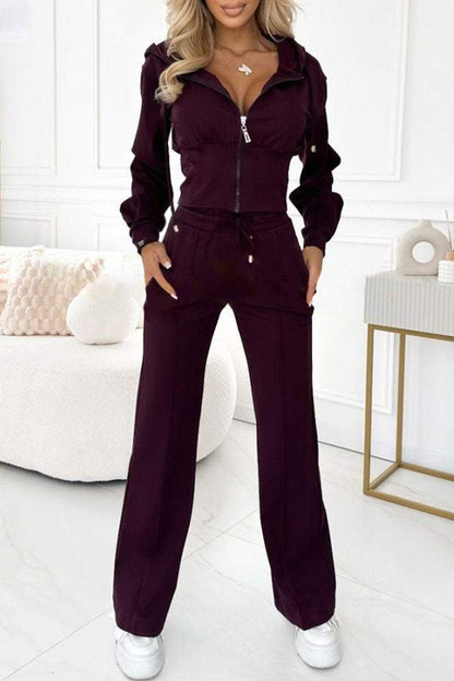 Women's Zip Front Belted Tracksuit Set with Joggers