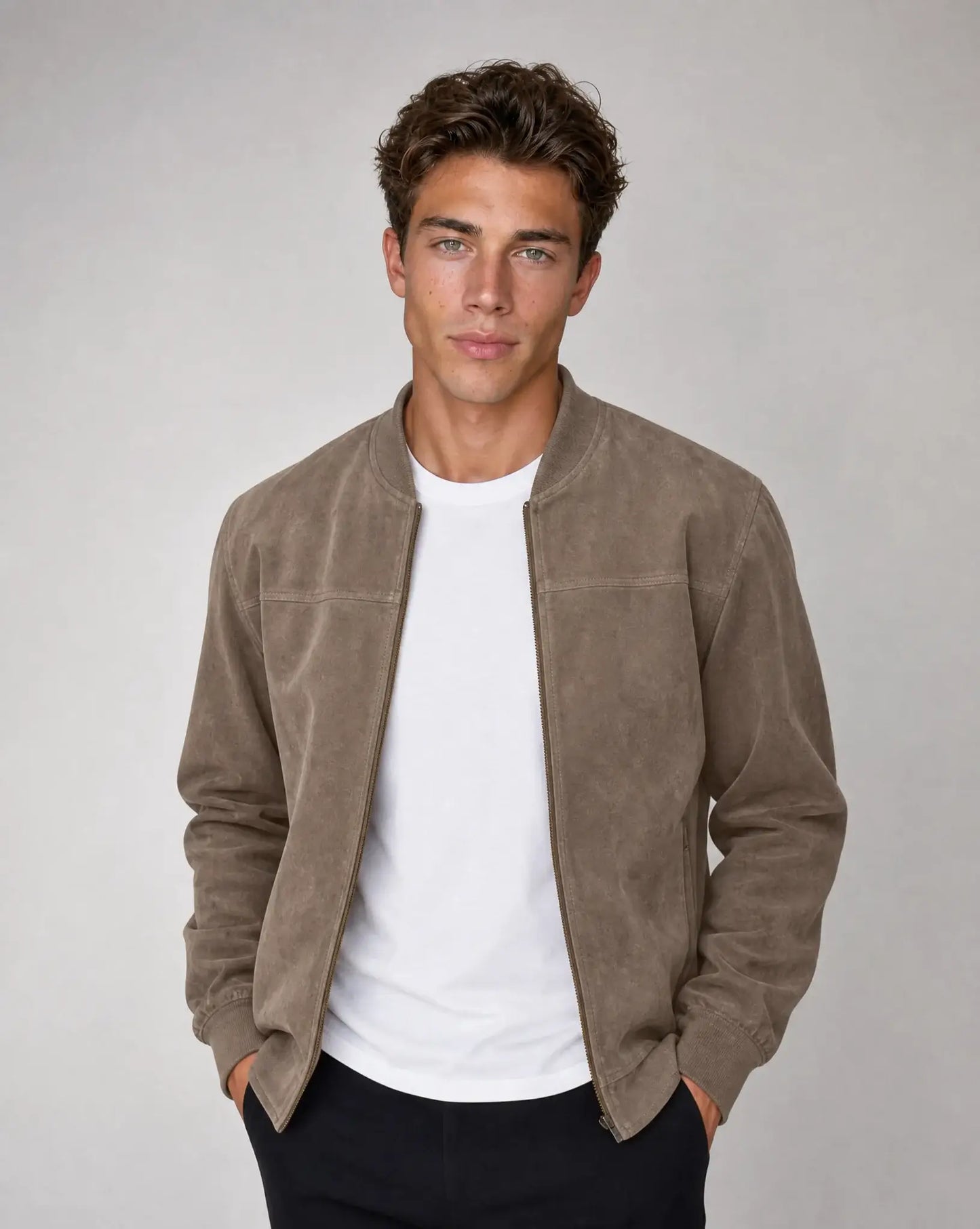 Beige zip up bomber jacket for men by Ilynora, front view with ribbed collar and minimal modern look