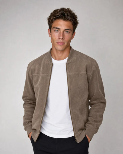Beige zip up bomber jacket for men by Ilynora, front view with ribbed collar and minimal modern look